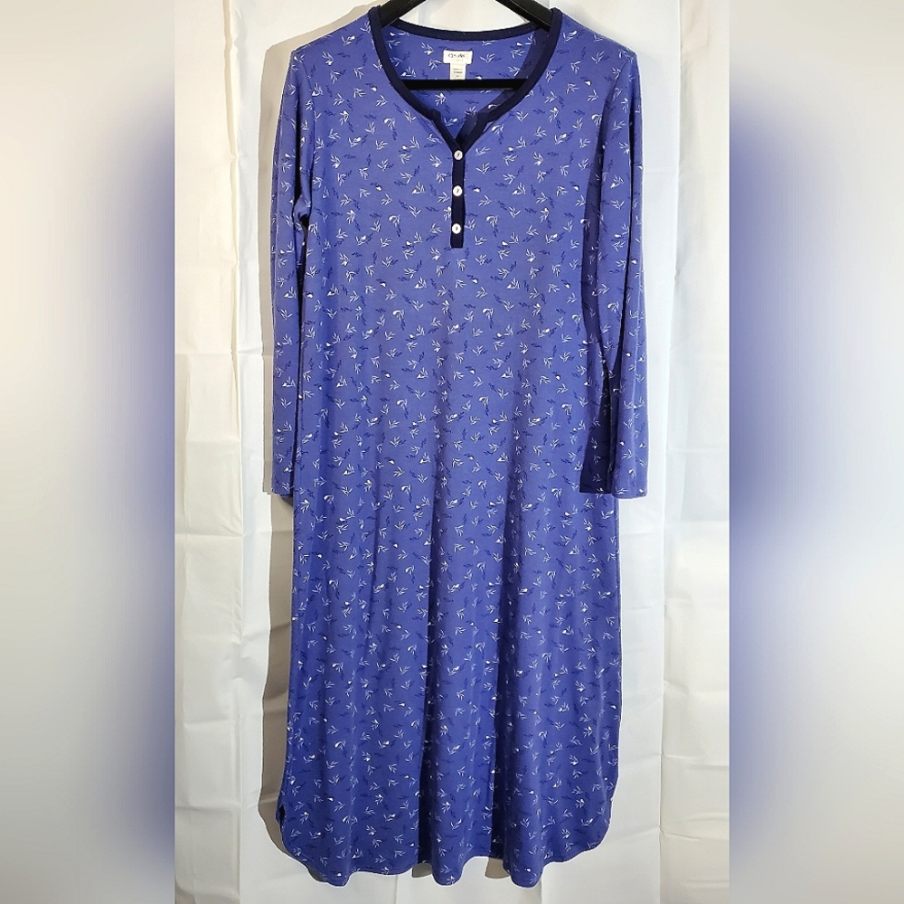 Claudel Lingerie Blue Fern/Bird Long Sleeve Full Length Nightgown - Size Large
